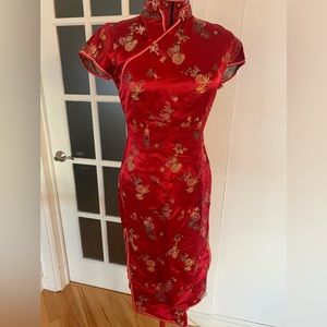 Vintage Chinese Cheongsam Red Dress, made in Hong Kong